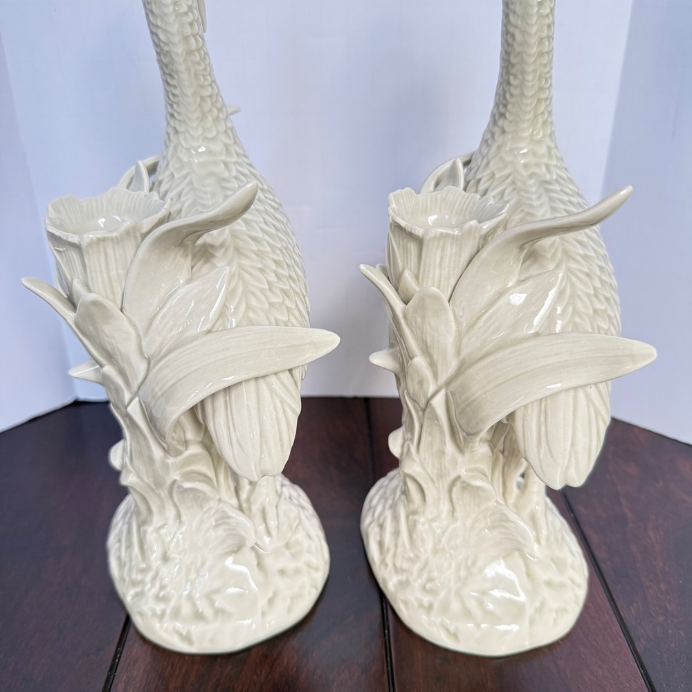 Vintage 1977 Fitz and Floyd Heron Lotus Candlestick Holders Pair Cream Ceramic - Picture 6 of 9